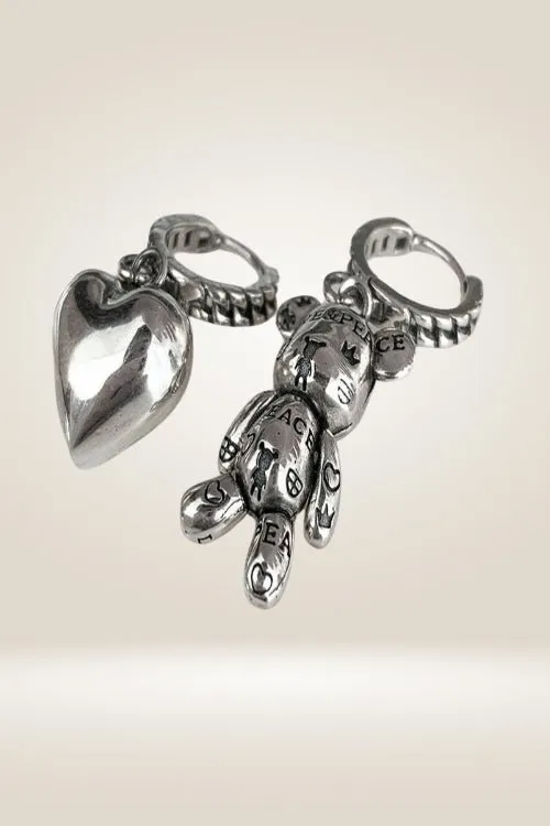 925 Sterling Silver Teddy Bear Heart Charm Earrings