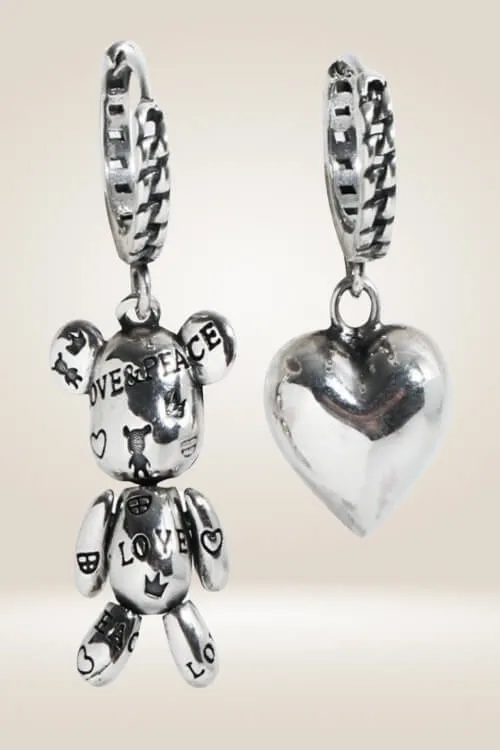 925 Sterling Silver Teddy Bear Heart Charm Earrings