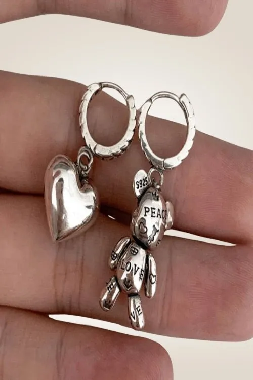 925 Sterling Silver Teddy Bear Heart Charm Earrings