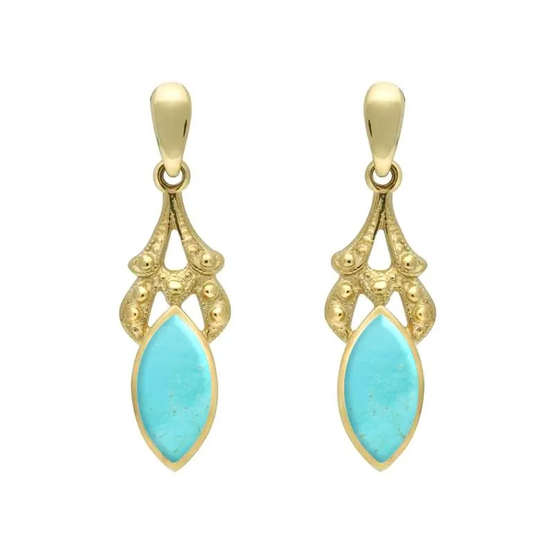 9ct Yellow Gold Turquoise Marquise Drop Earrings