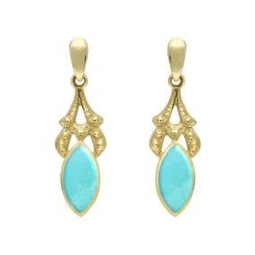 9ct Yellow Gold Turquoise Marquise Drop Earrings