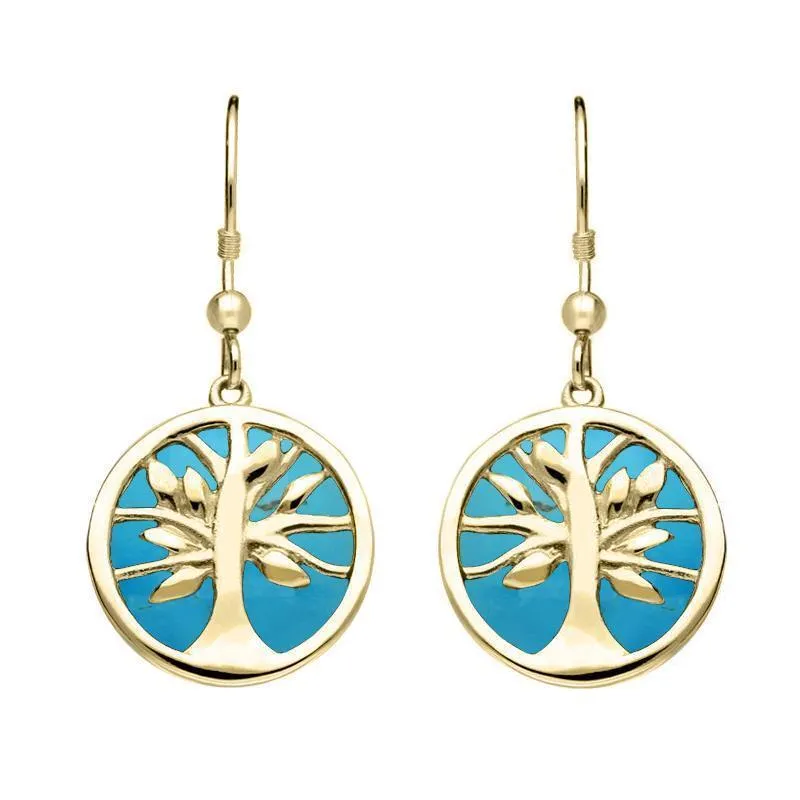 9ct Yellow Gold Turquoise Round Tree of Life Drop Earrings