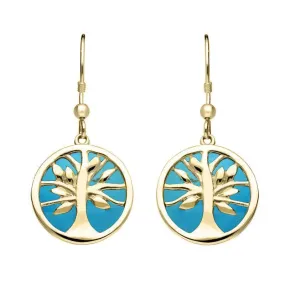 9ct Yellow Gold Turquoise Round Tree of Life Drop Earrings