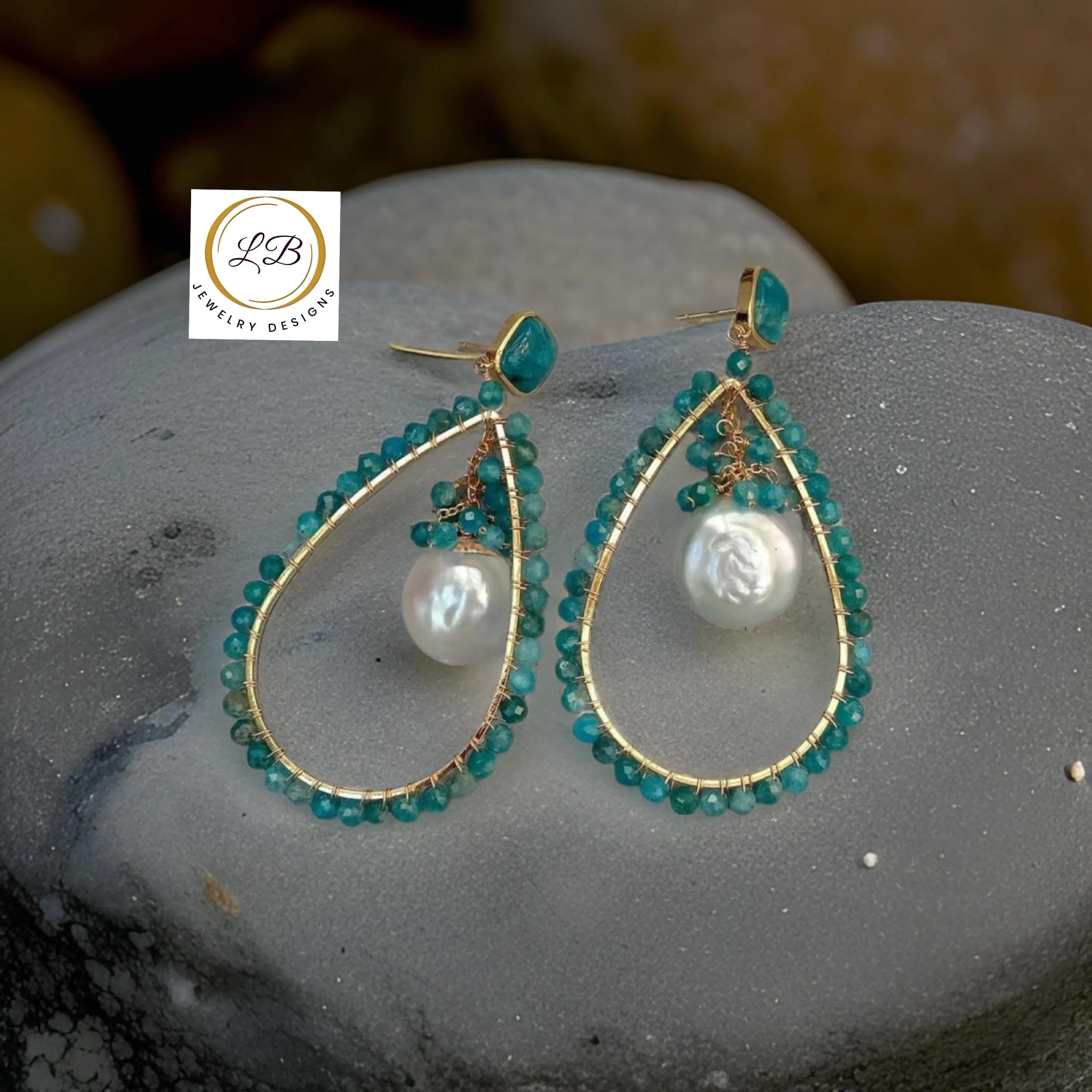 Apatite & Coin Pearl Gemstone Dangle/Hoop Earrings 2”