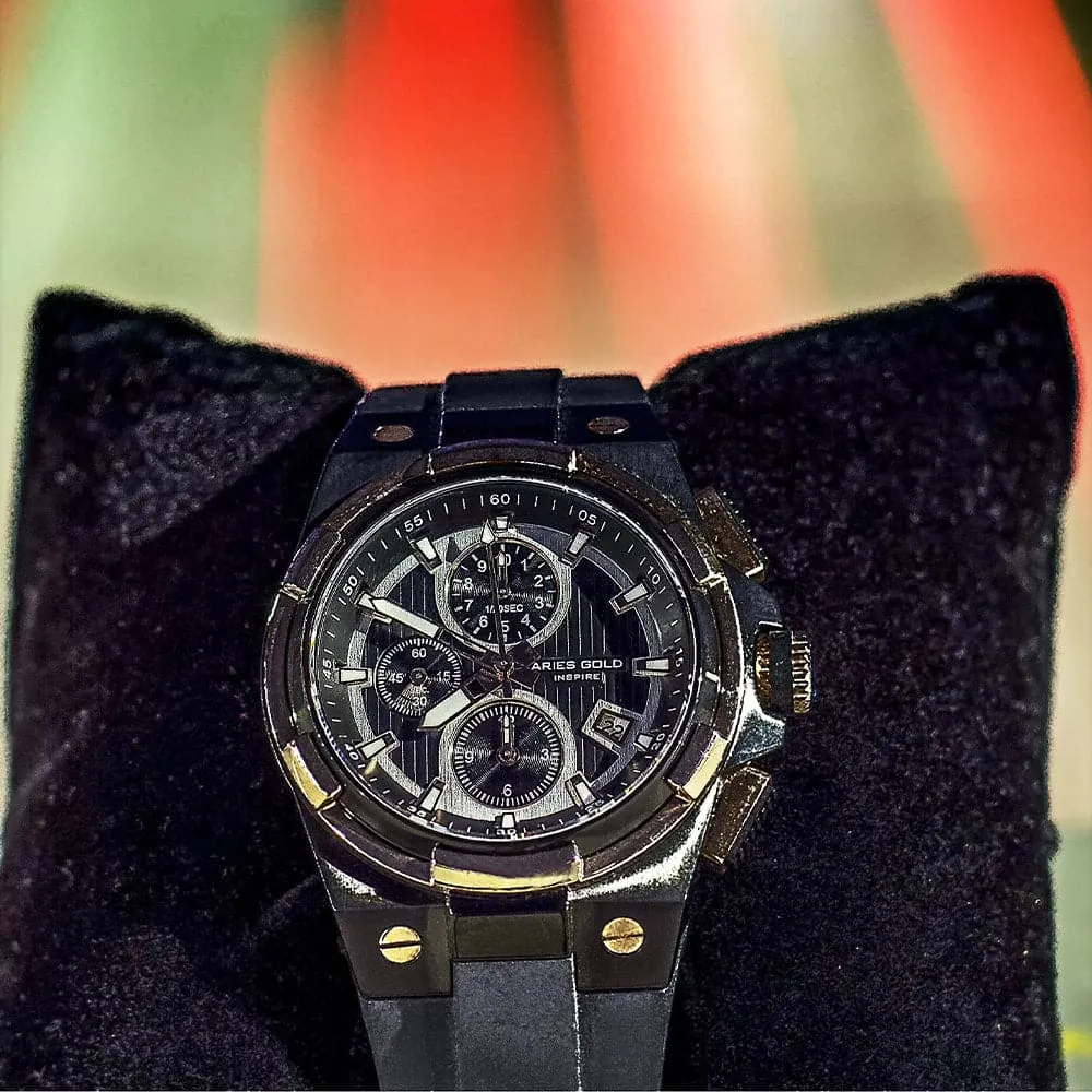 ARIES GOLD KING TWO-TONE STAINLESS STEEL G 7311 BKRG-BKRG HI-TECH BLACK SYNTHETIC STRAP MEN'S WATCH