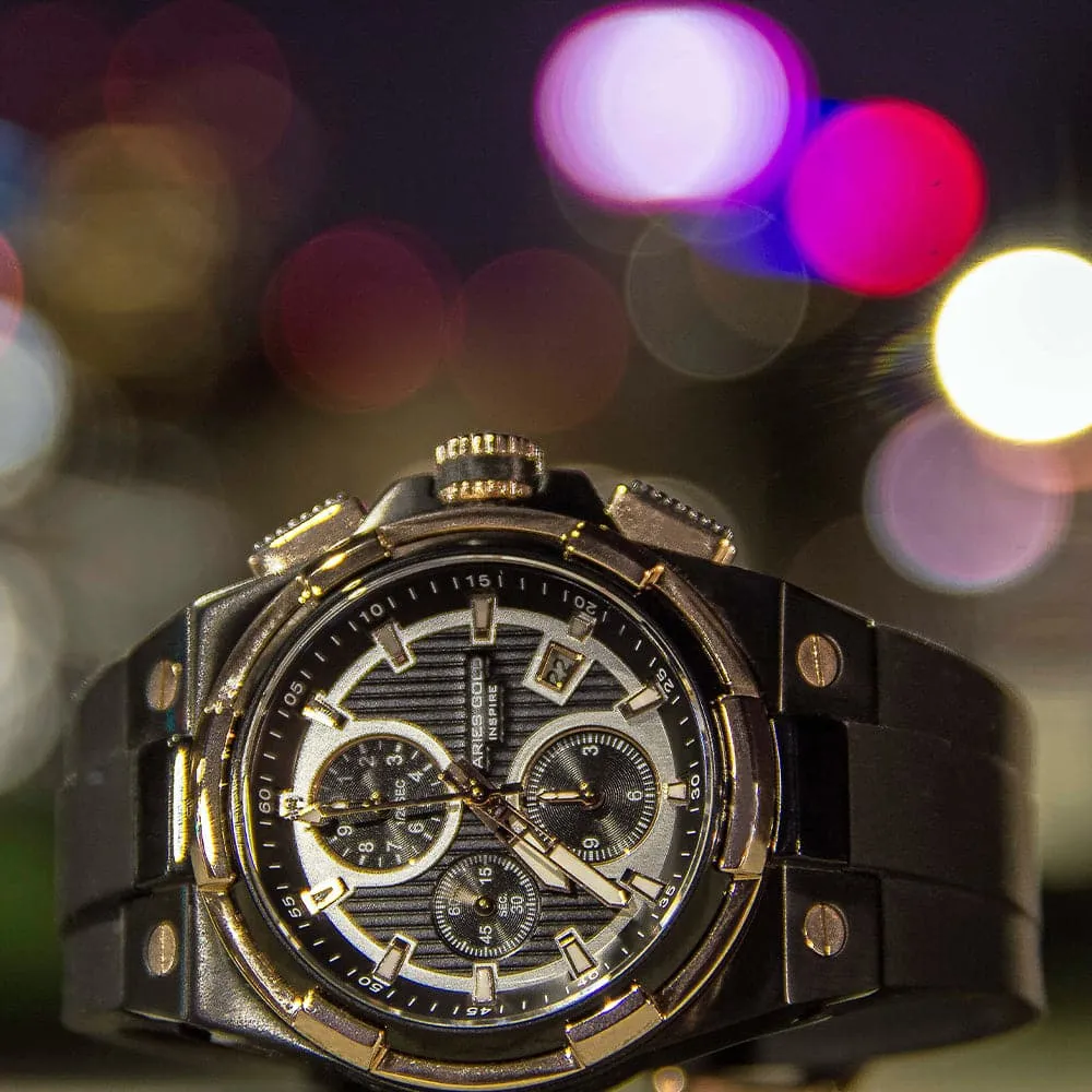 ARIES GOLD KING TWO-TONE STAINLESS STEEL G 7311 BKRG-BKRG HI-TECH BLACK SYNTHETIC STRAP MEN'S WATCH