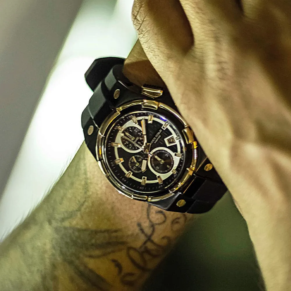 ARIES GOLD KING TWO-TONE STAINLESS STEEL G 7311 BKRG-BKRG HI-TECH BLACK SYNTHETIC STRAP MEN'S WATCH
