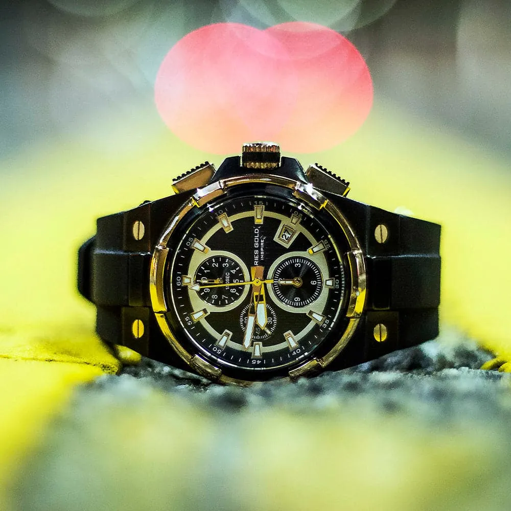 ARIES GOLD KING TWO-TONE STAINLESS STEEL G 7311 BKRG-BKRG HI-TECH BLACK SYNTHETIC STRAP MEN'S WATCH