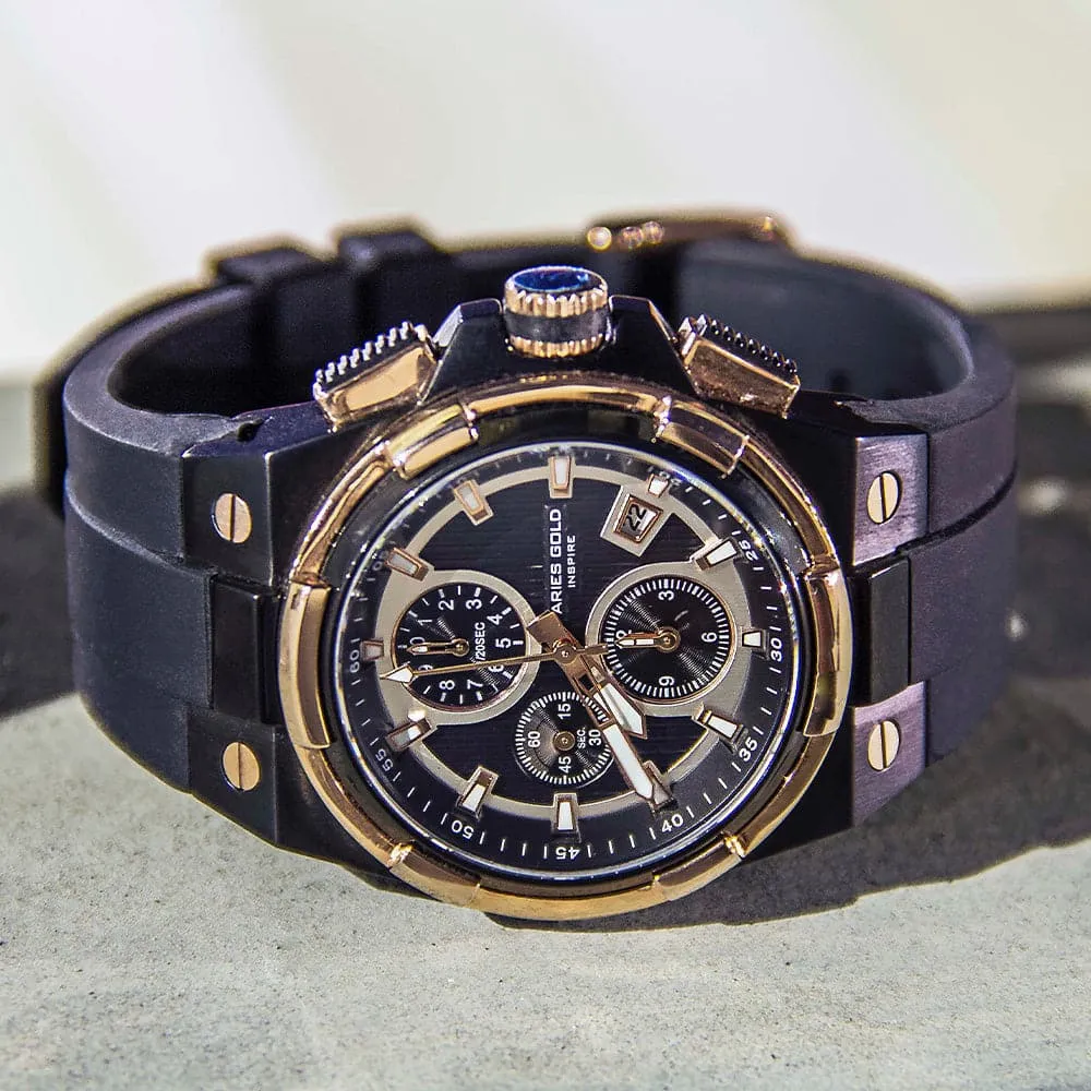 ARIES GOLD KING TWO-TONE STAINLESS STEEL G 7311 BKRG-BKRG HI-TECH BLACK SYNTHETIC STRAP MEN'S WATCH