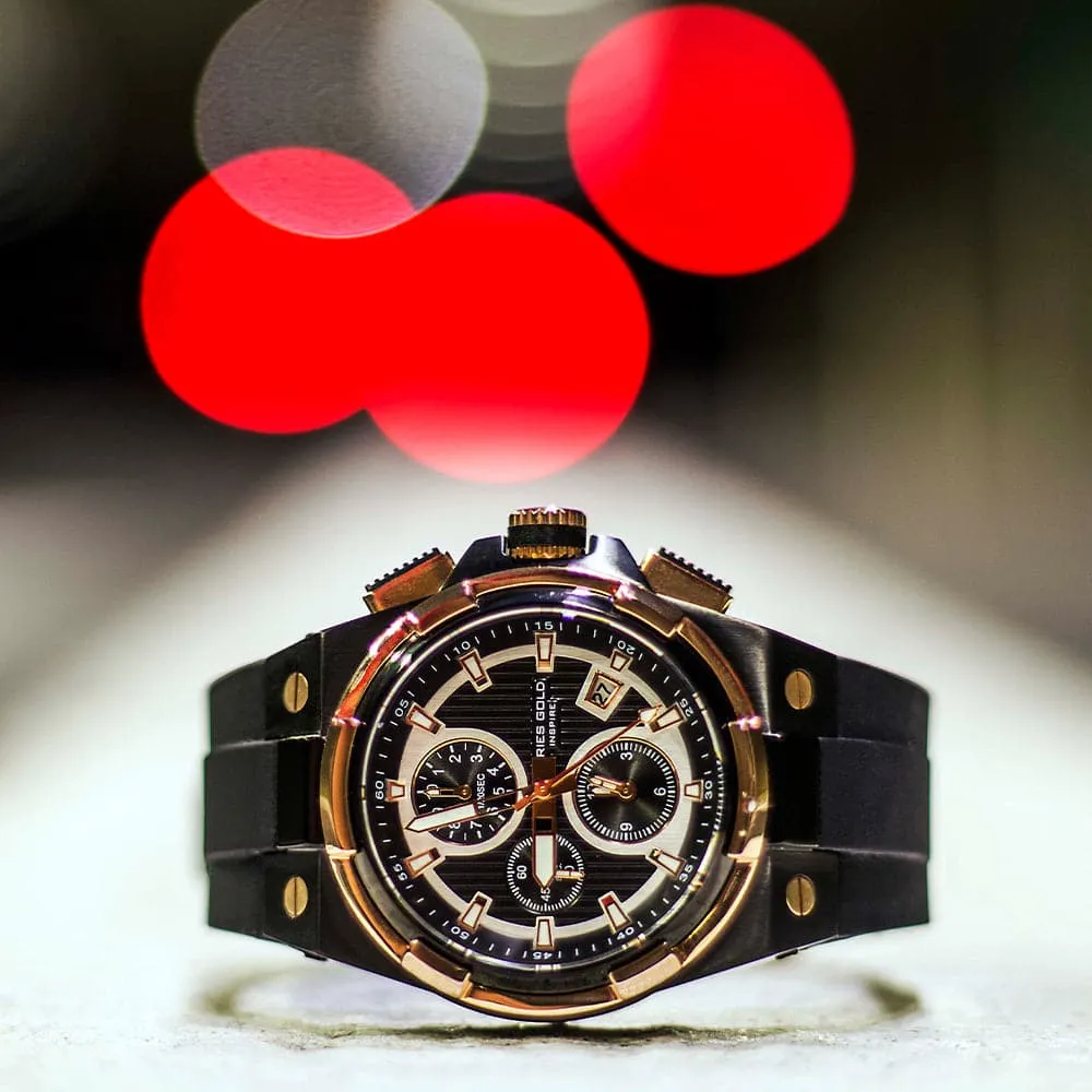 ARIES GOLD KING TWO-TONE STAINLESS STEEL G 7311 BKRG-BKRG HI-TECH BLACK SYNTHETIC STRAP MEN'S WATCH