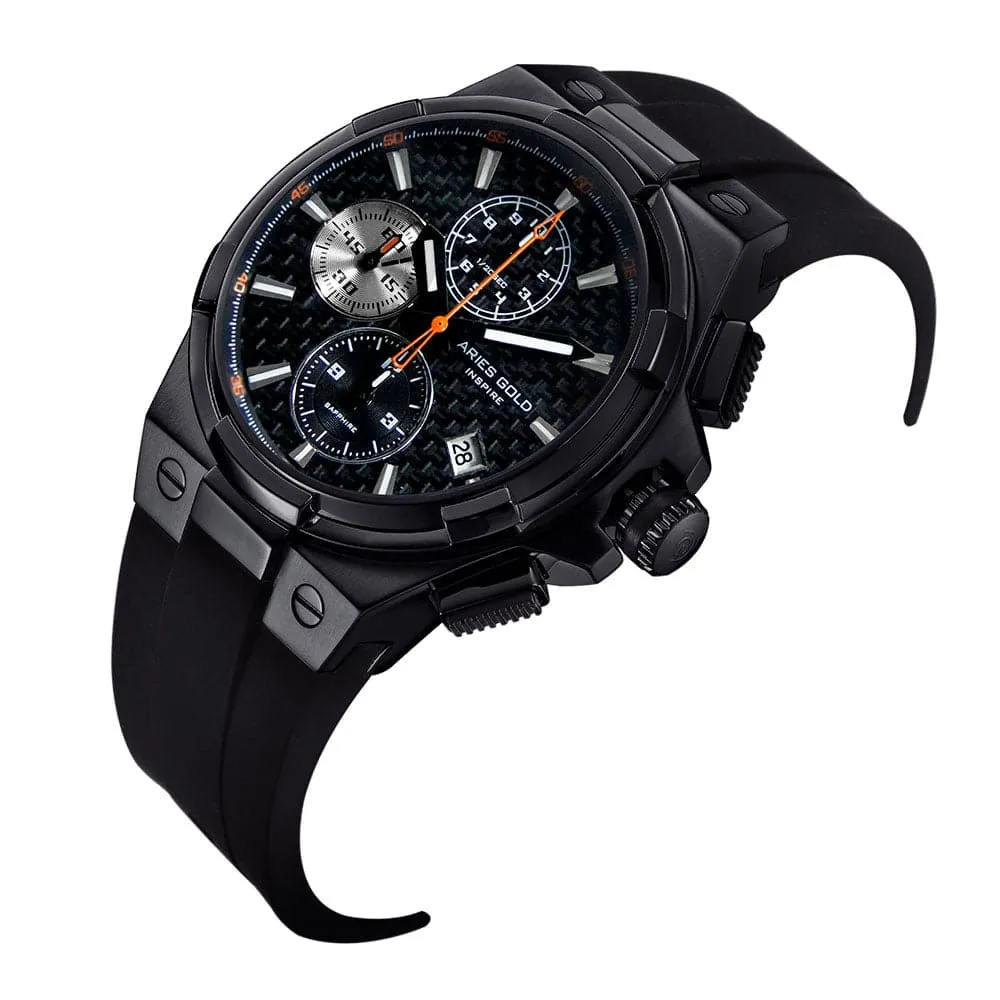 ARIES GOLD MONARCH BLACK STAINLESS STEEL G 7312 BK-BKOR HI-TECH BLACK SYNTHETIC STRAP MEN'S WATCH