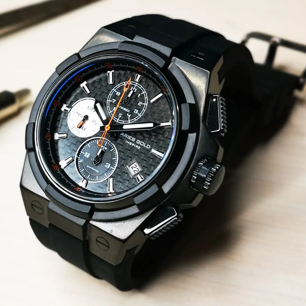 ARIES GOLD MONARCH BLACK STAINLESS STEEL G 7312 BK-BKOR HI-TECH BLACK SYNTHETIC STRAP MEN'S WATCH