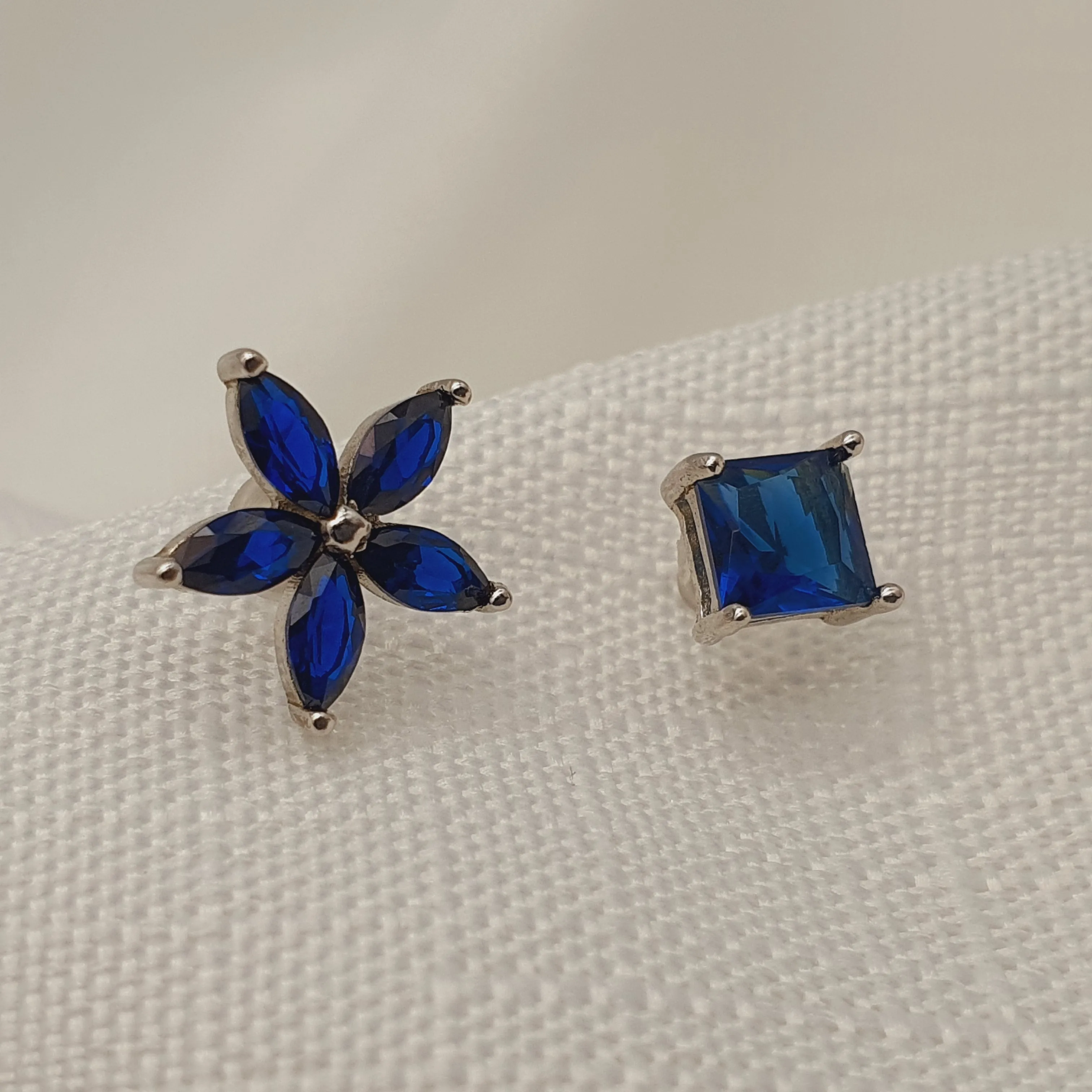 Asymmetrical Blue Crystal Stud Earrings, Sterling Silver