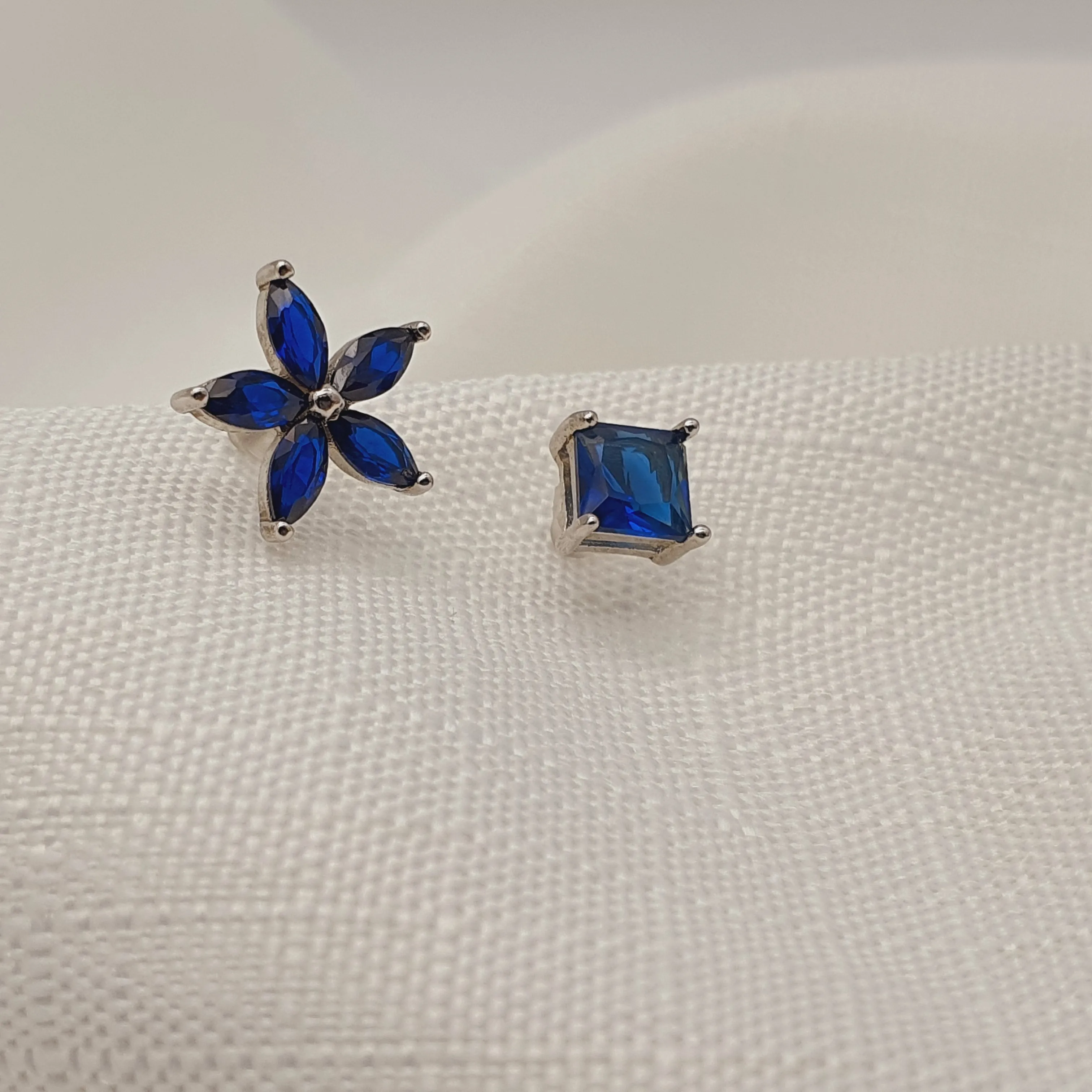 Asymmetrical Blue Crystal Stud Earrings, Sterling Silver