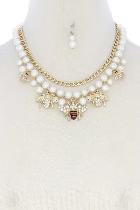 Bee Charm Pearl Bead Cuban Link Layered Necklace