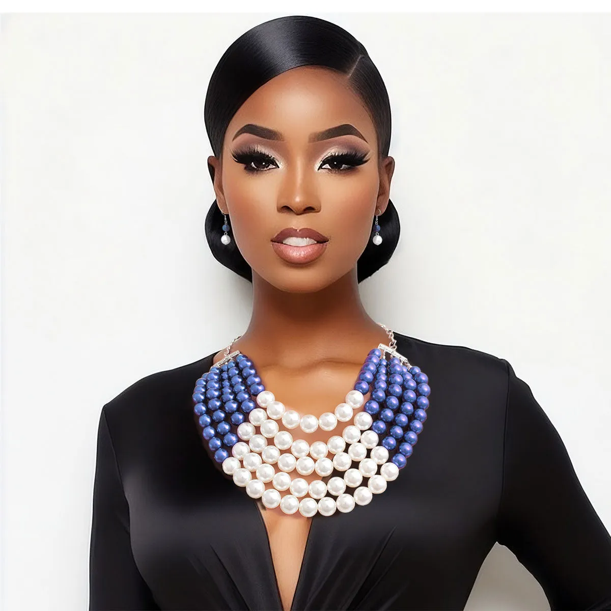 Blue and Cream Pearl 5 Strand Necklace Set
