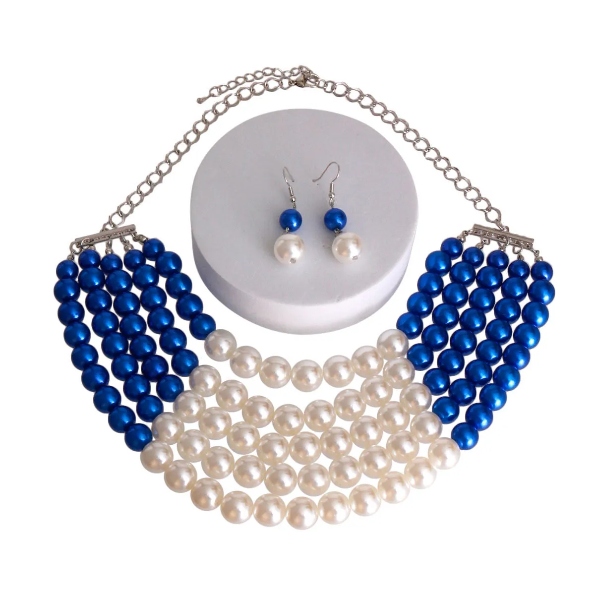 Blue and Cream Pearl 5 Strand Necklace Set