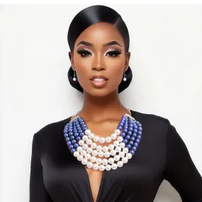 Blue and Cream Pearl 5 Strand Necklace Set