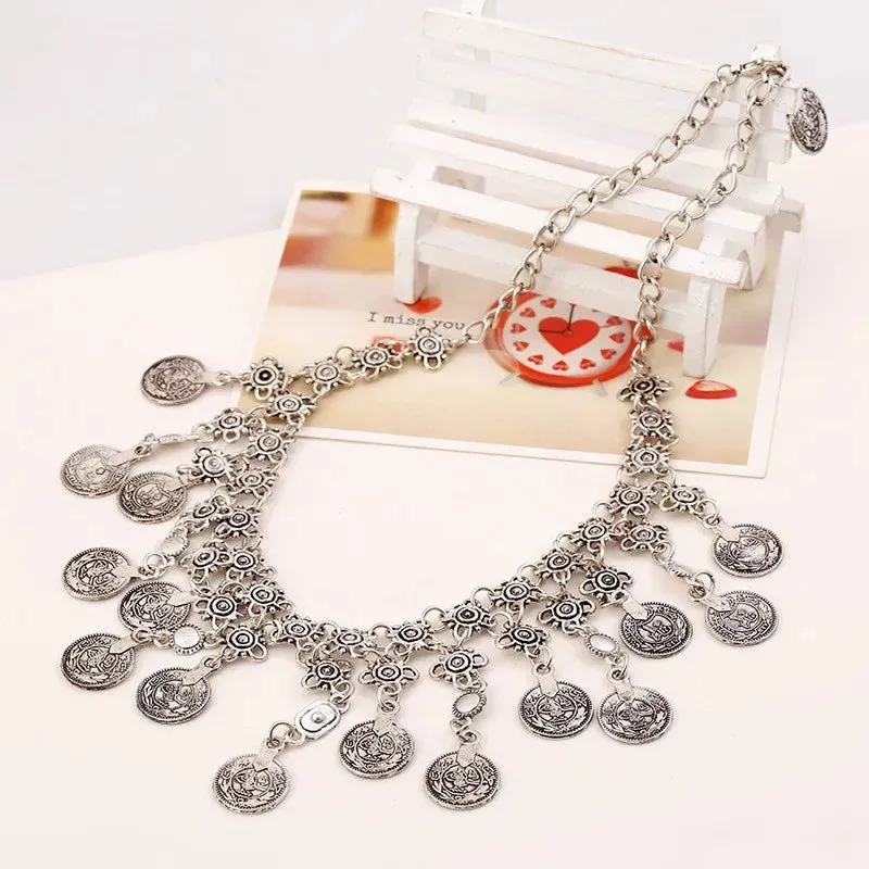 Bohemian Vintage Coins Tassel Statement Necklace