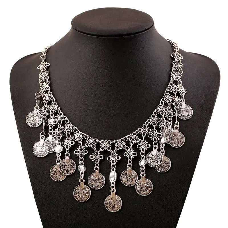 Bohemian Vintage Coins Tassel Statement Necklace