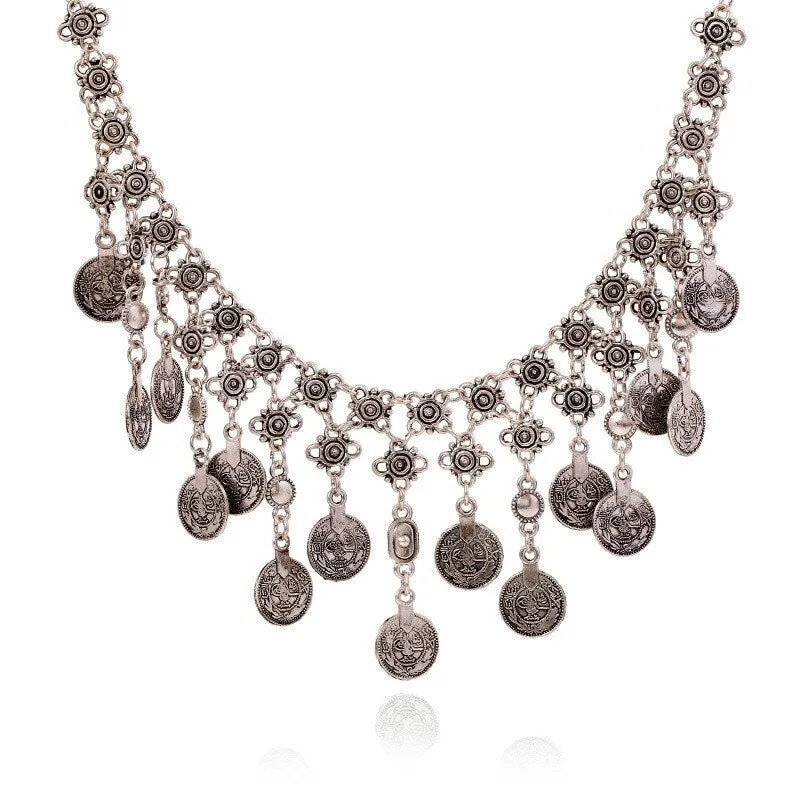 Bohemian Vintage Coins Tassel Statement Necklace