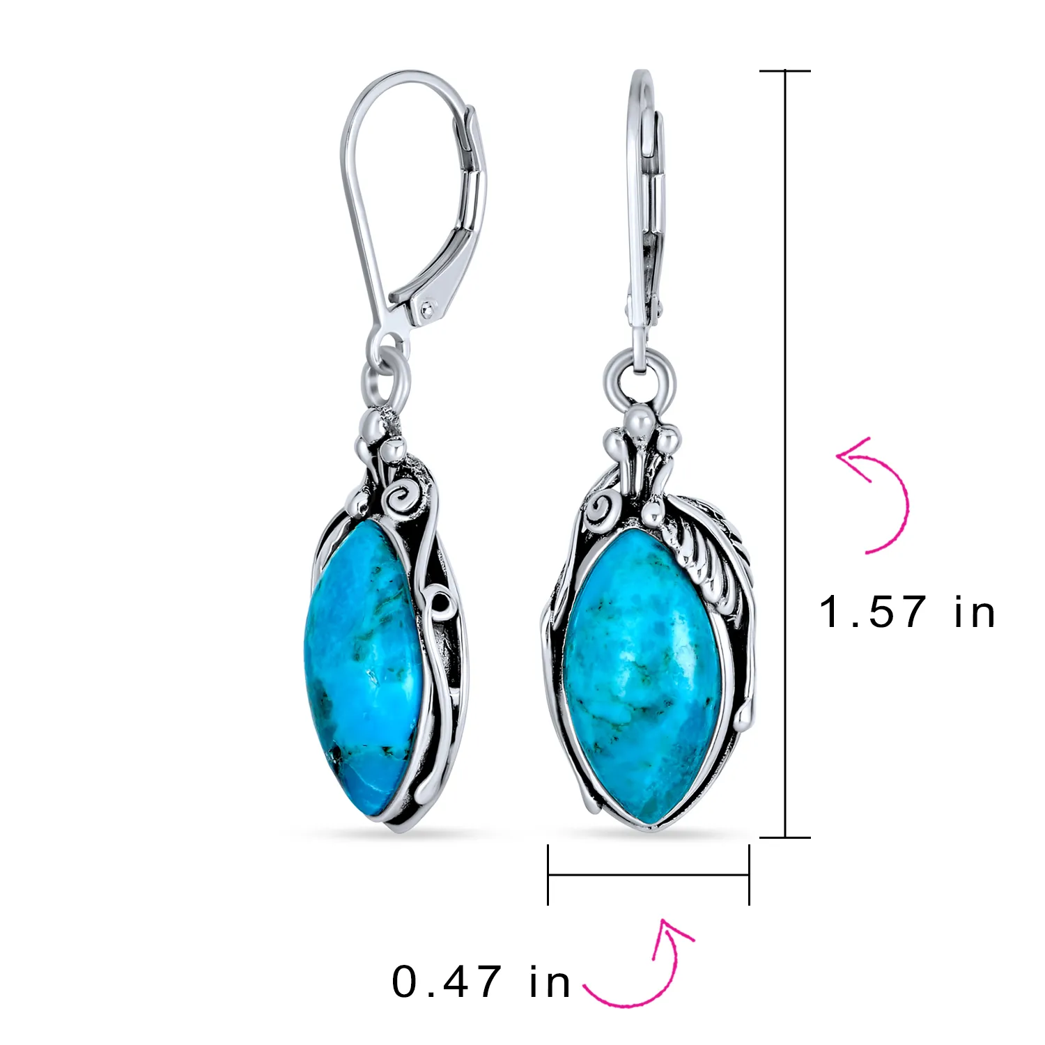 Boho Turquoise Marquise Leaf Feather Dangle Gemstone Earrings in Sterling Silver