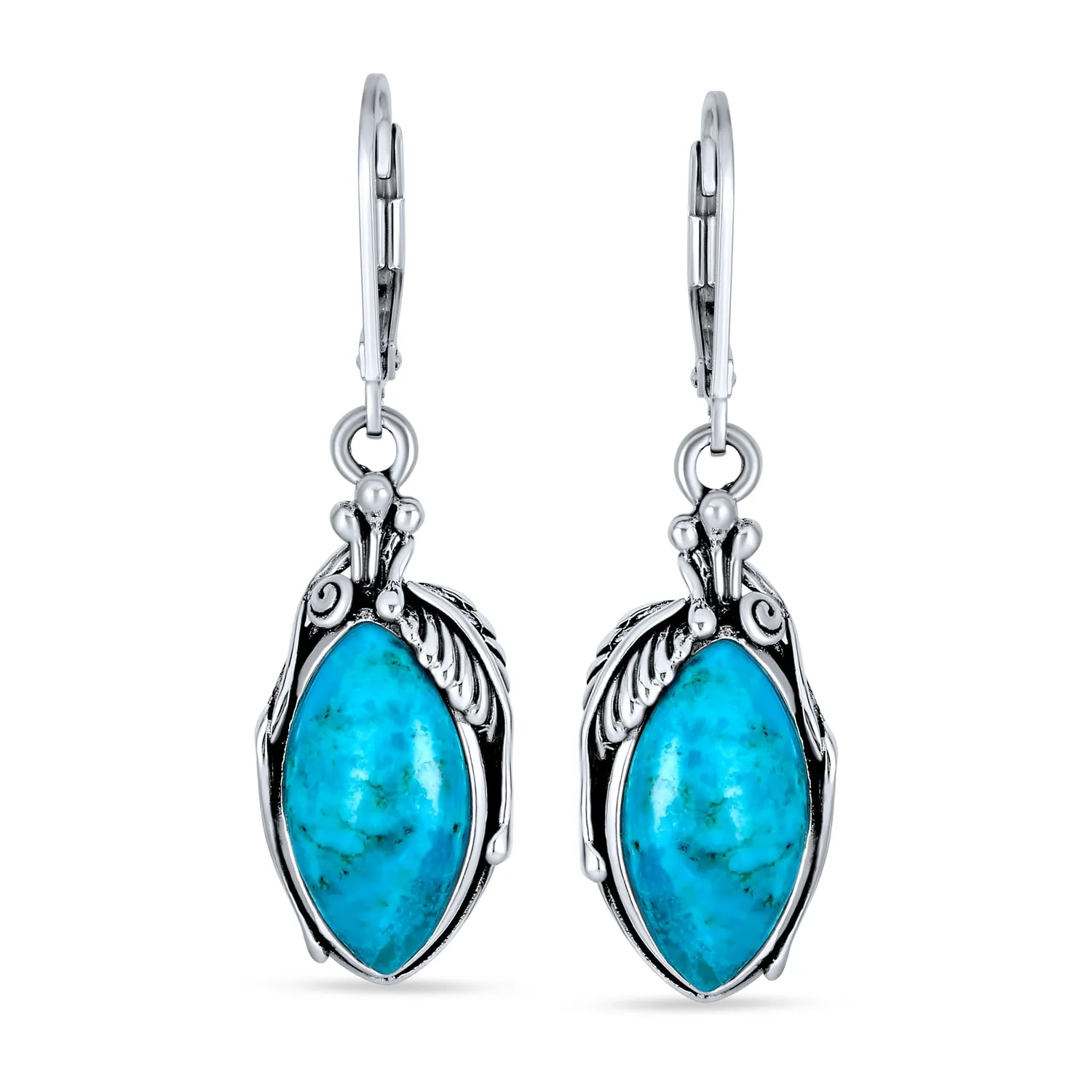 Boho Turquoise Marquise Leaf Feather Dangle Gemstone Earrings in Sterling Silver