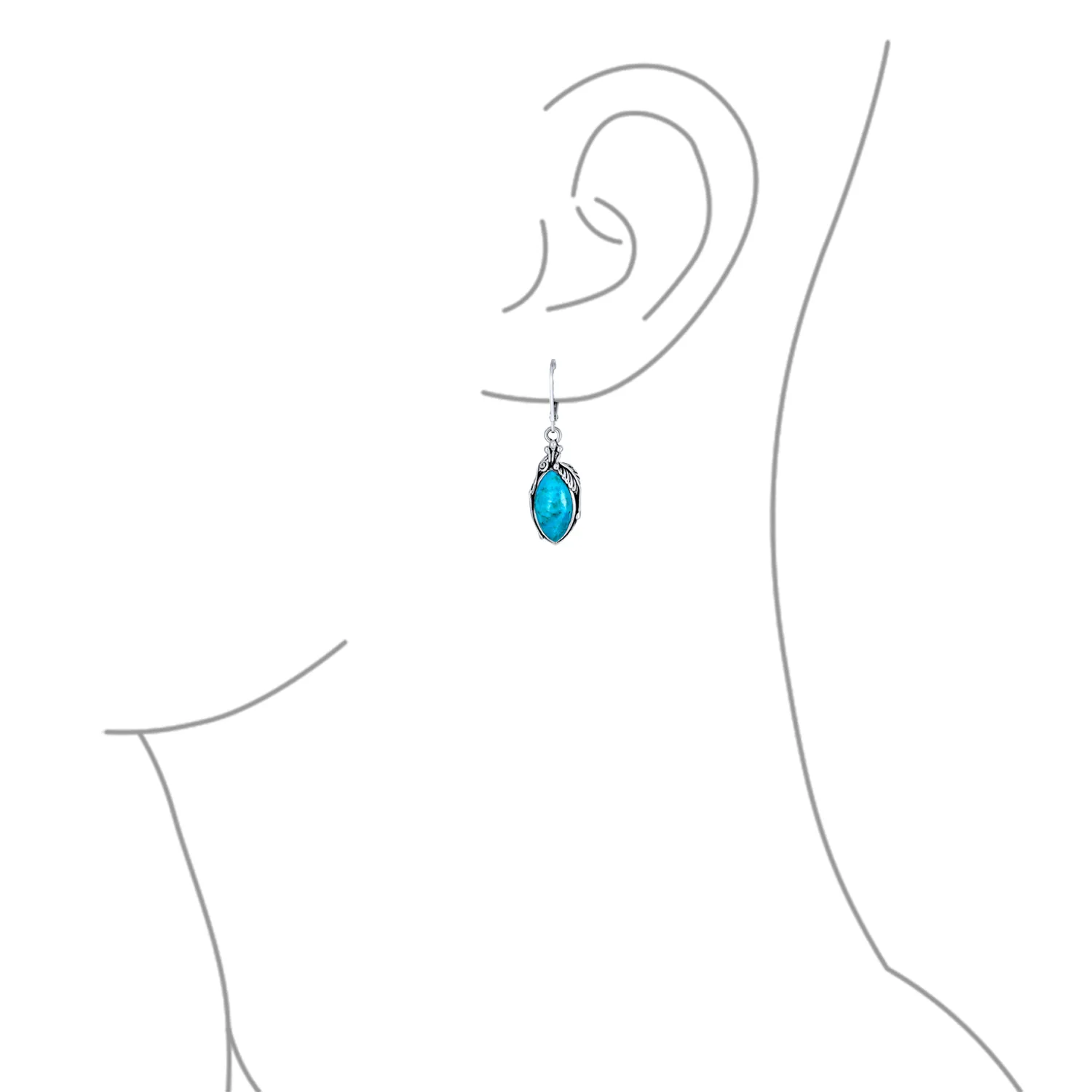 Boho Turquoise Marquise Leaf Feather Dangle Gemstone Earrings in Sterling Silver