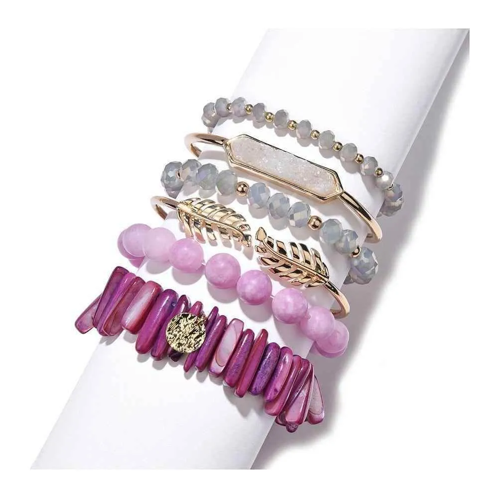 Bracelet Charm Jewelry Set Natural Stone Shell Crystal Golden Leaf Druzy Bangle