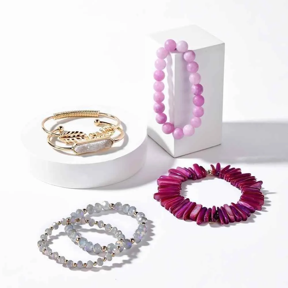 Bracelet Charm Jewelry Set Natural Stone Shell Crystal Golden Leaf Druzy Bangle