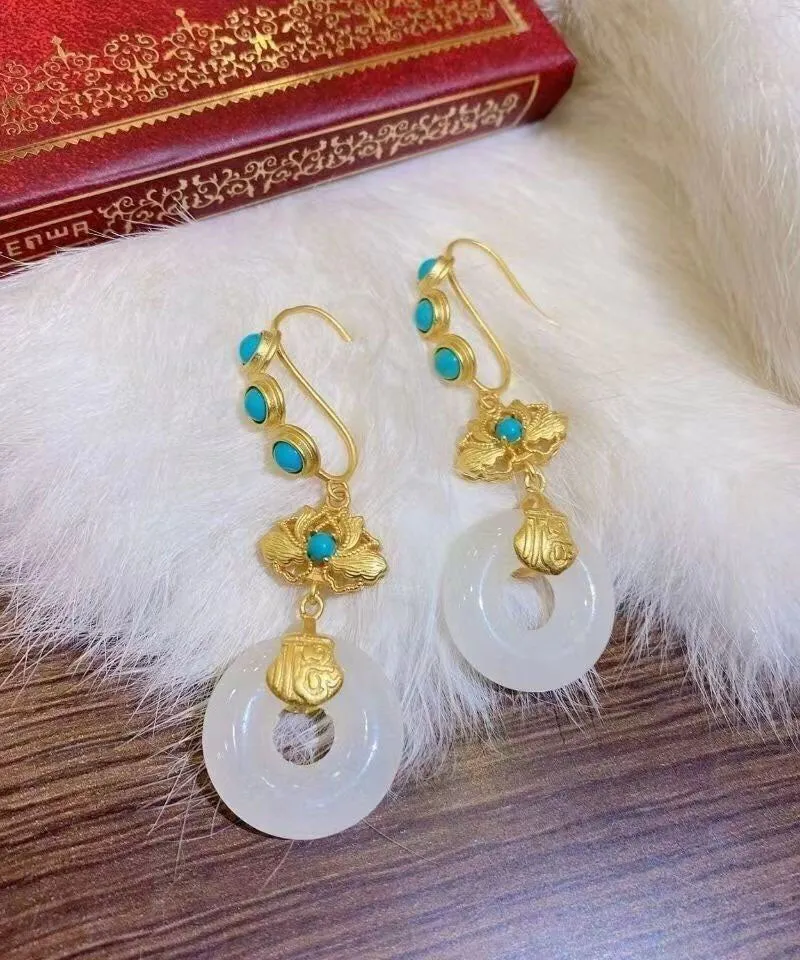 Casual Blue Sterling Silver Overgild Inlaid Pearl Turquoise Drop Earrings TW1039