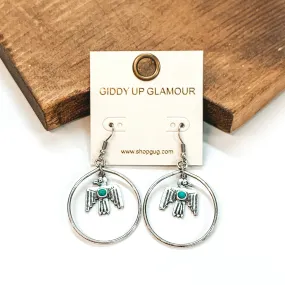 Circle Drop Earrings with Hanging Thunderbird Pendant in Silver