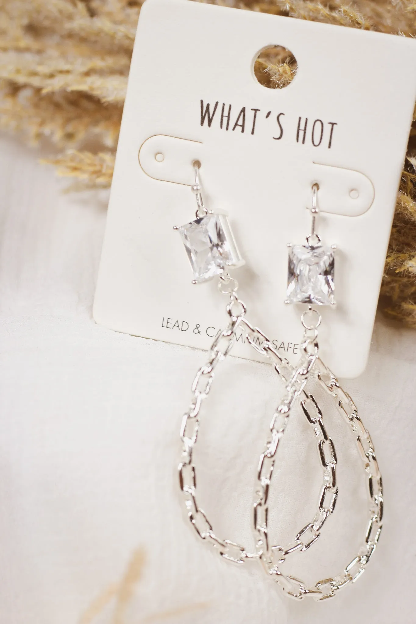 Clear Stone with Chain Silver Teardrop 2" Earring