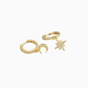 CZ Moon Star Dangle Hoop Earrings