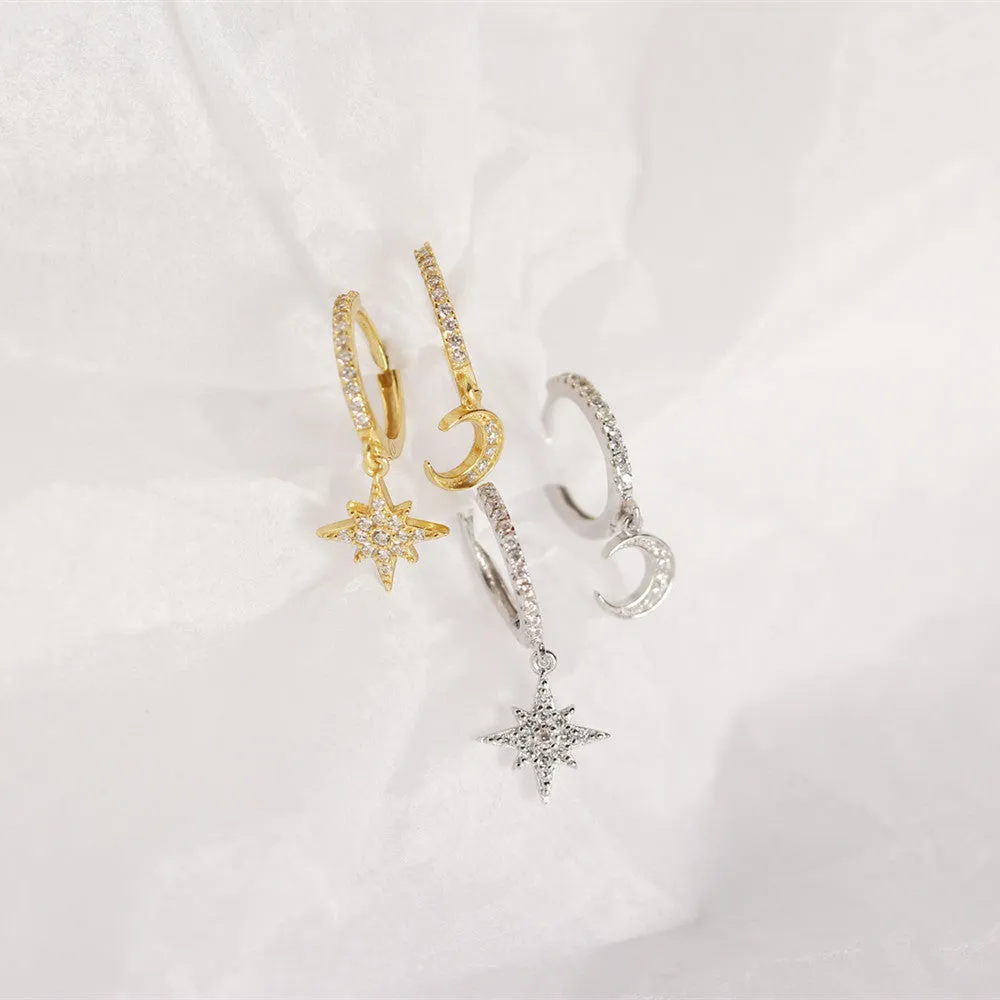 CZ Moon Star Dangle Hoop Earrings