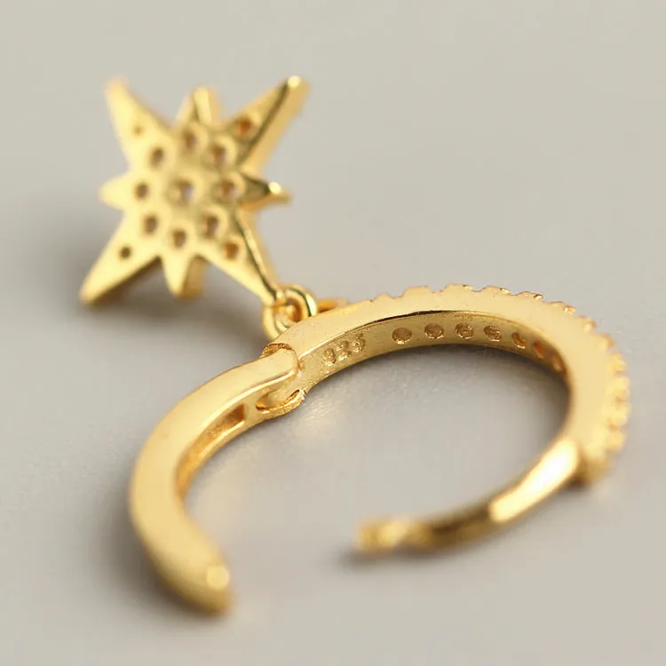 CZ Moon Star Dangle Hoop Earrings