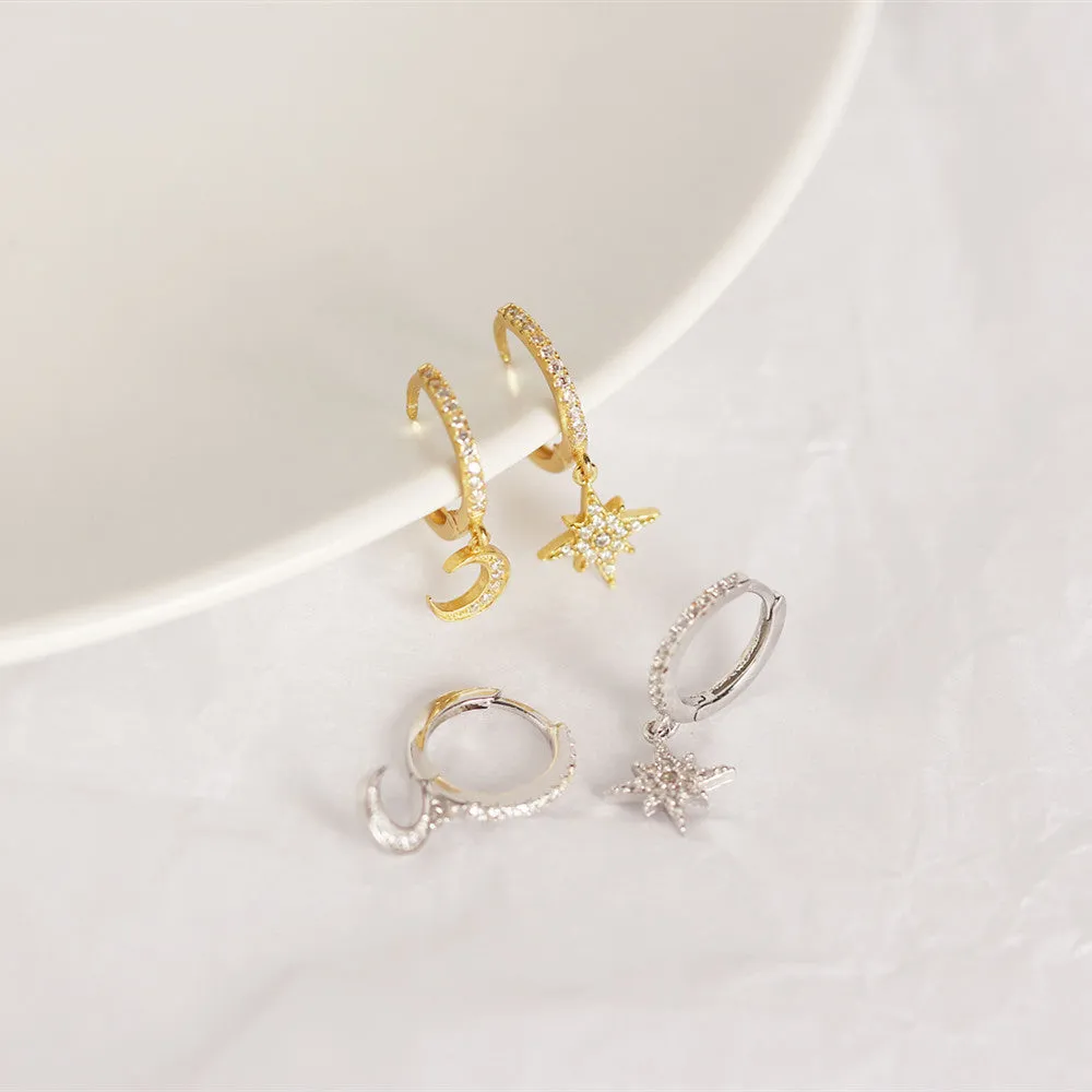 CZ Moon Star Dangle Hoop Earrings