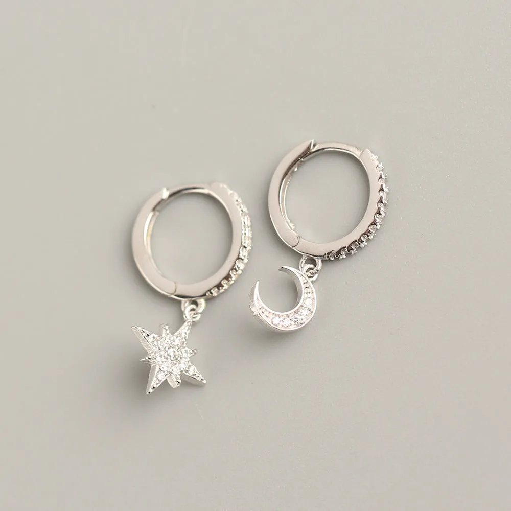 CZ Moon Star Dangle Hoop Earrings