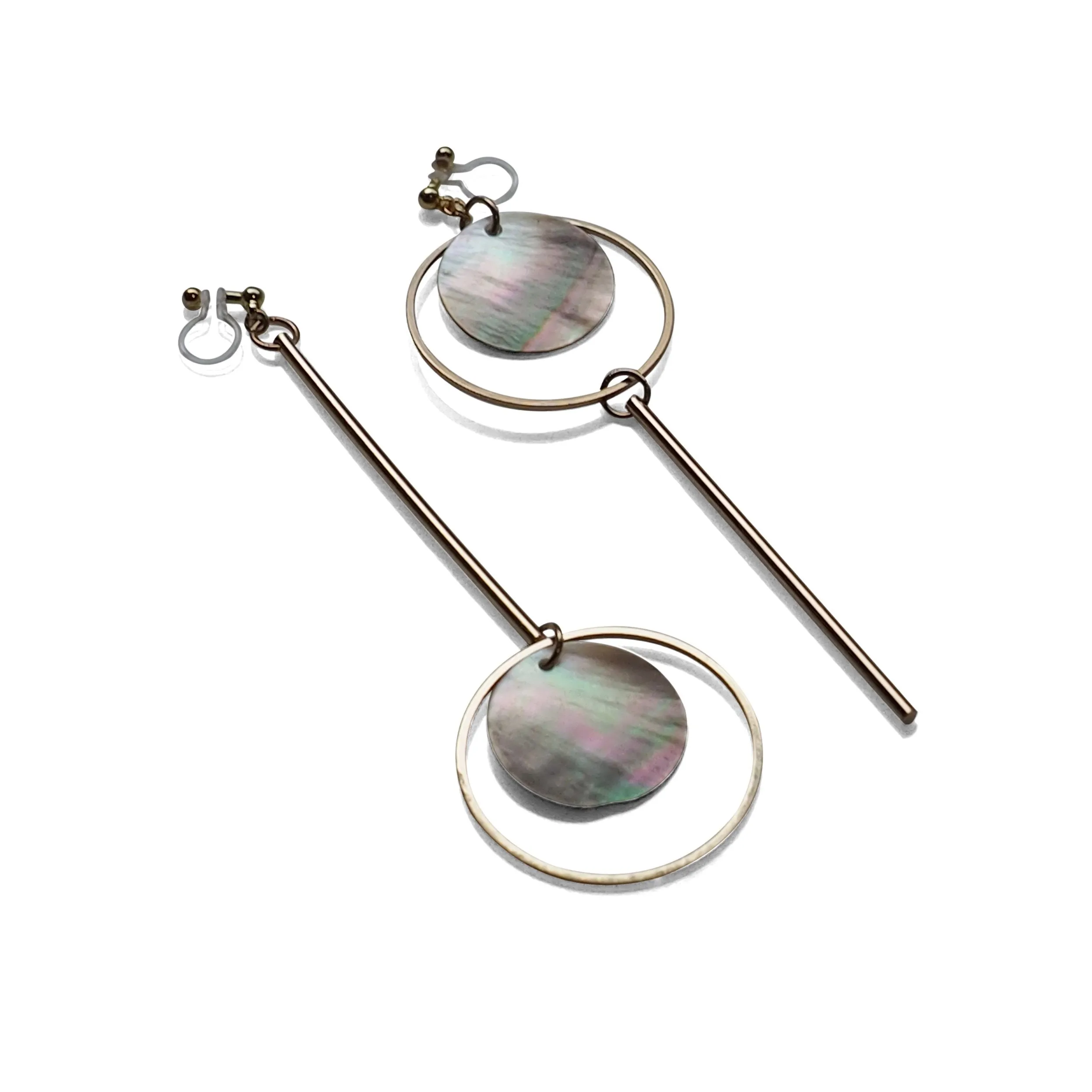 Dangle Asymmetric Brown Shell and Gold tone Hoop Invisible Clip On Earrings