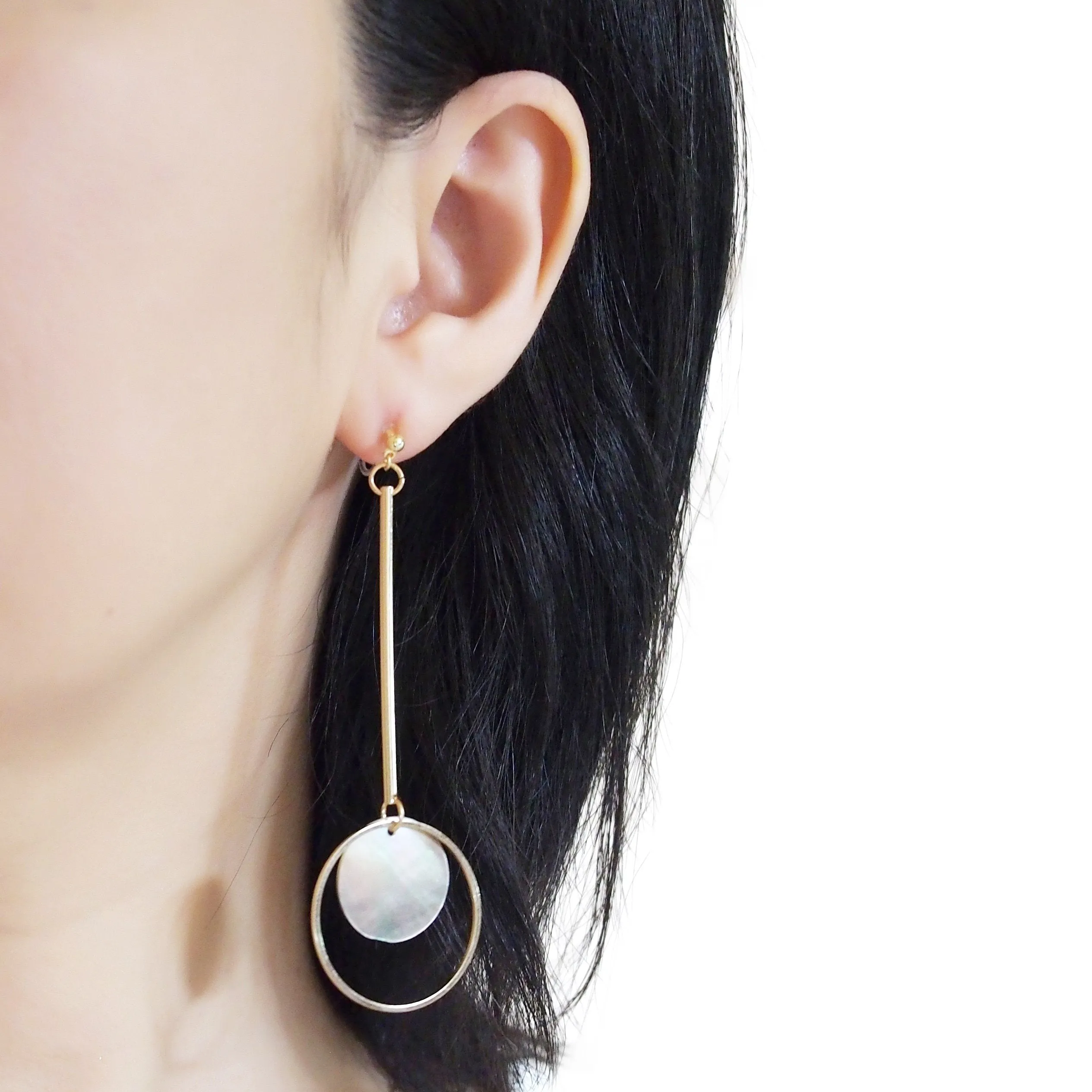 Dangle Asymmetric Brown Shell and Gold tone Hoop Invisible Clip On Earrings