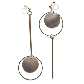 Dangle Asymmetric Brown Shell and Gold tone Hoop Invisible Clip On Earrings