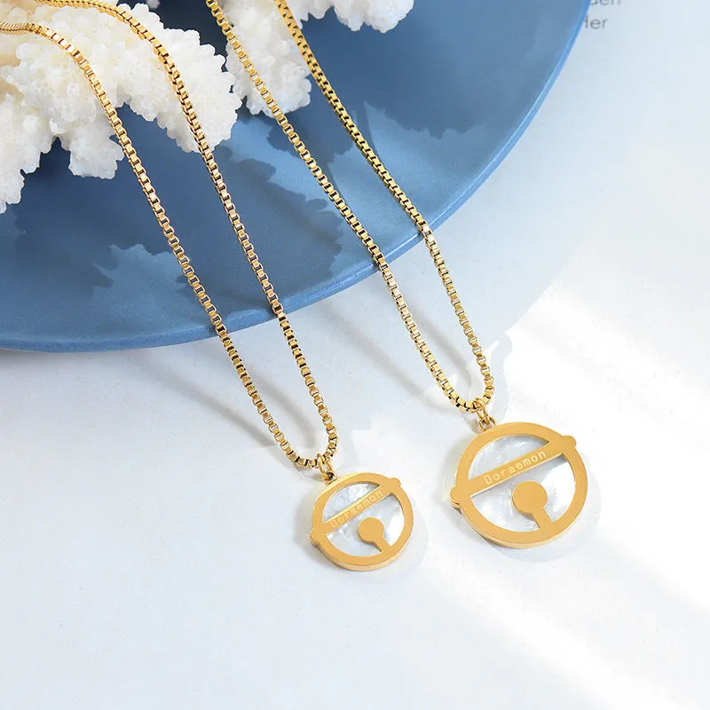 Doraemon-inspired Titanium Plated Gold Necklace with Seashell Pendant