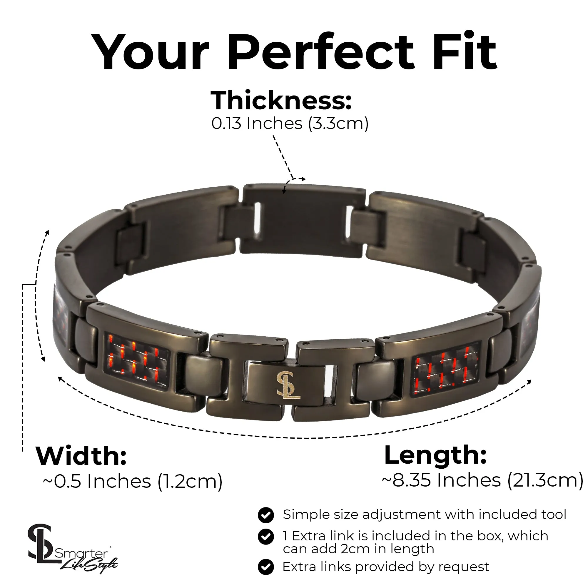 Elegant Surgical Grade Steel Men's Carbon Fiber Bracelet (Gunmetal Bracelet - Red Carbon Fiber)