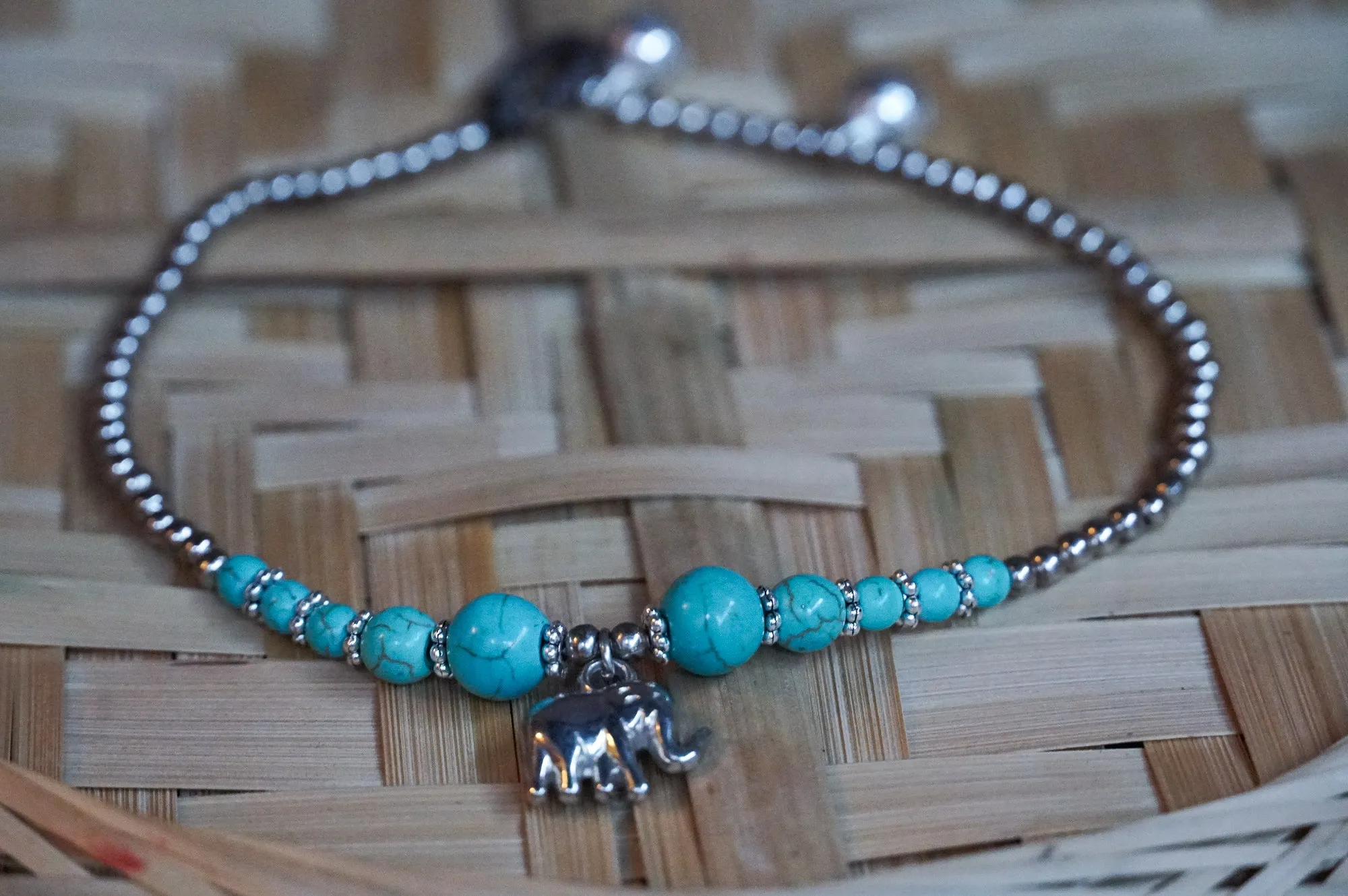 Elephant Turquoise Beaded Boho Silver Anklet