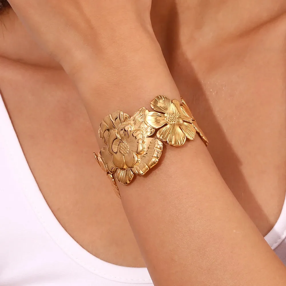 Embossed Flower 18k Gold Cuff Bracelet