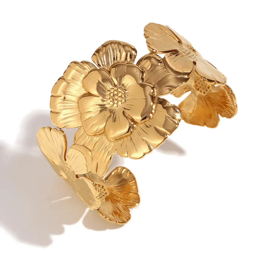 Embossed Flower 18k Gold Cuff Bracelet