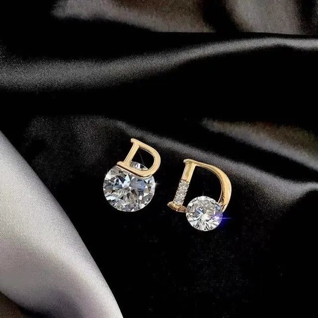 European and American personality shiny D letter asymmetric Earrings