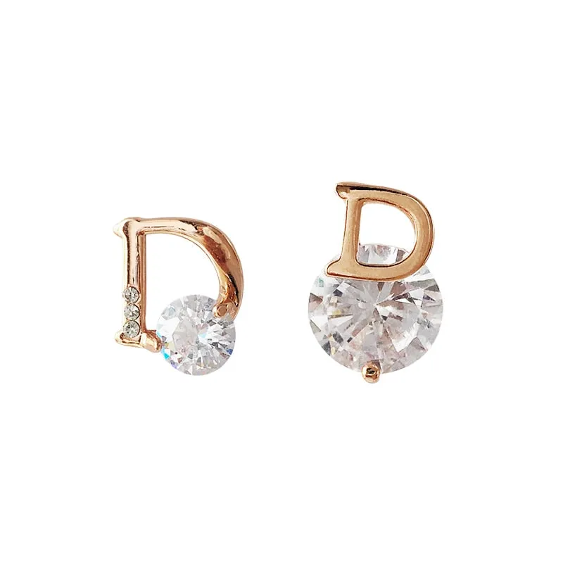 European and American personality shiny D letter asymmetric Earrings