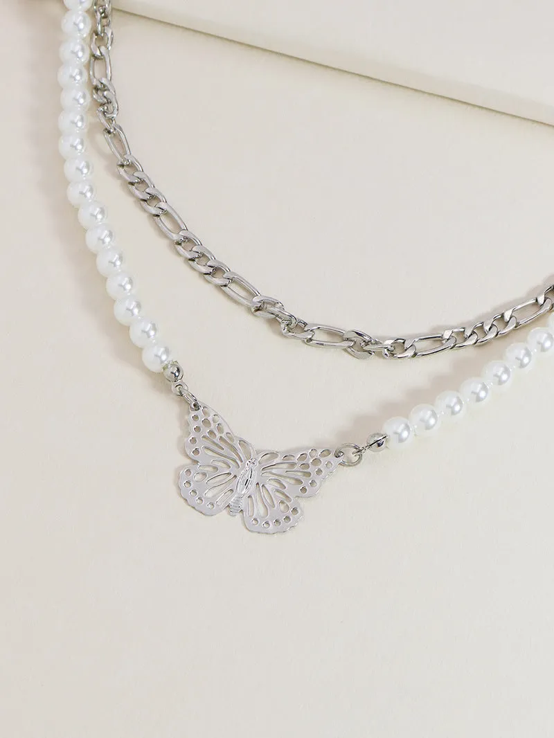 Exaggerated Butterfly Pearl Layered Necklace - Vienna Verve Collection