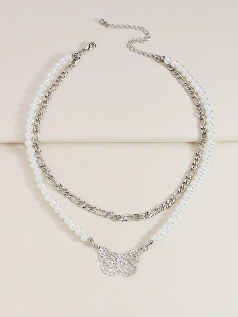 Exaggerated Butterfly Pearl Layered Necklace - Vienna Verve Collection